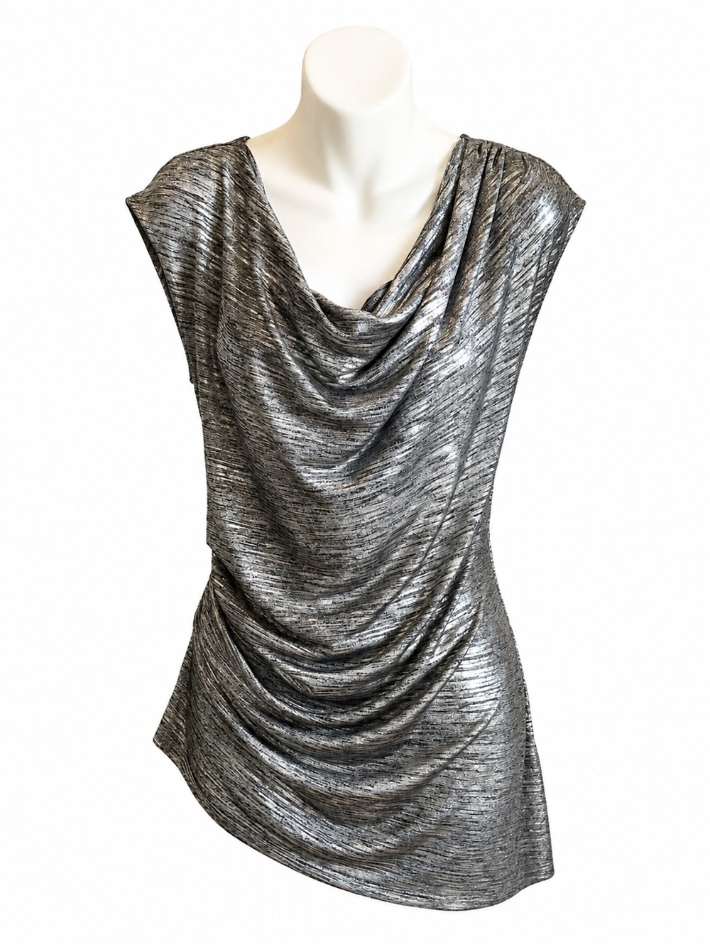 Calvin Klein Silver Metallic Drape-Neck Blouse with Asymmetrical Hem